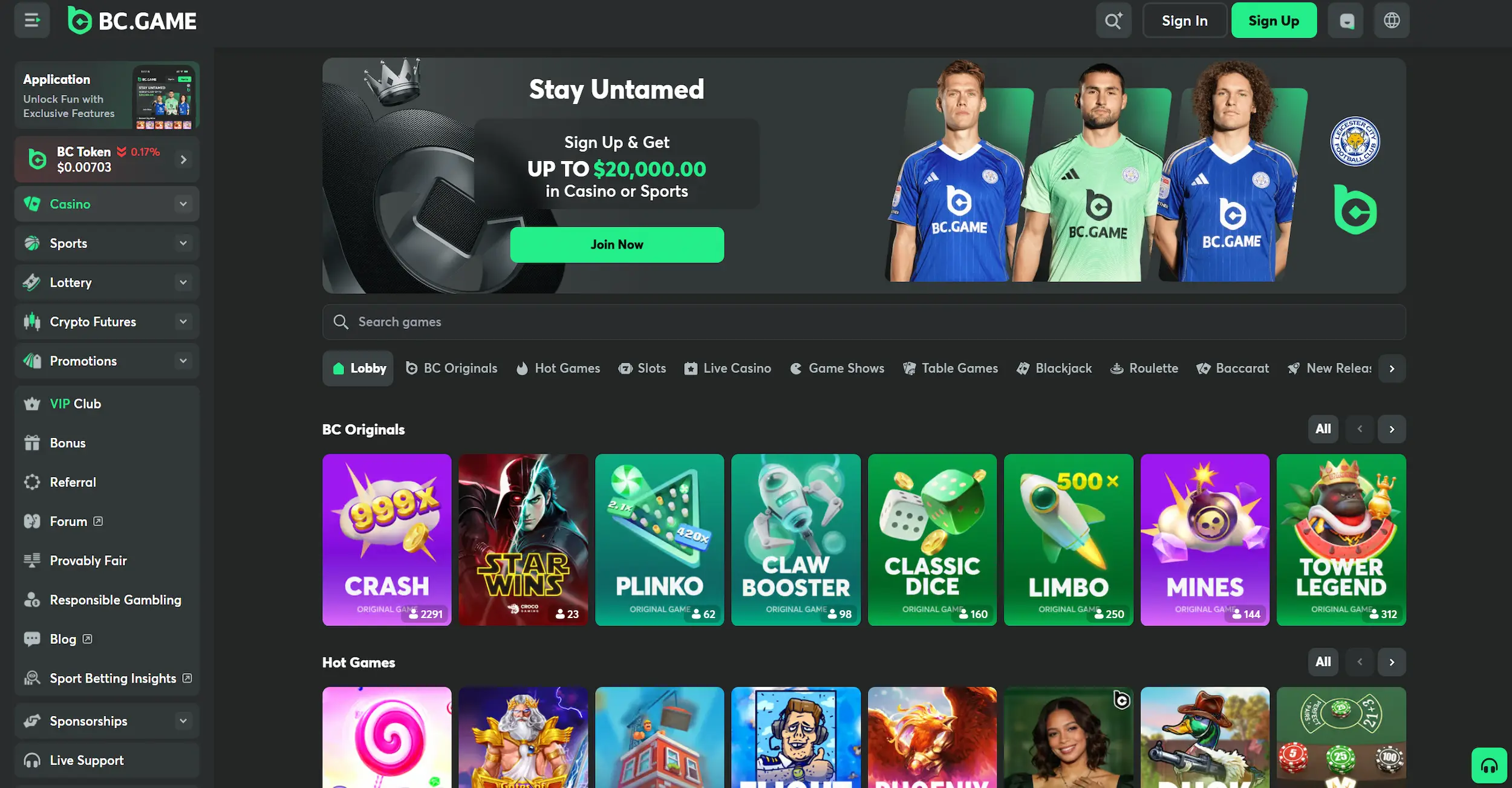 BC.Game casino page showing welcome offer, selection of games and site navigation