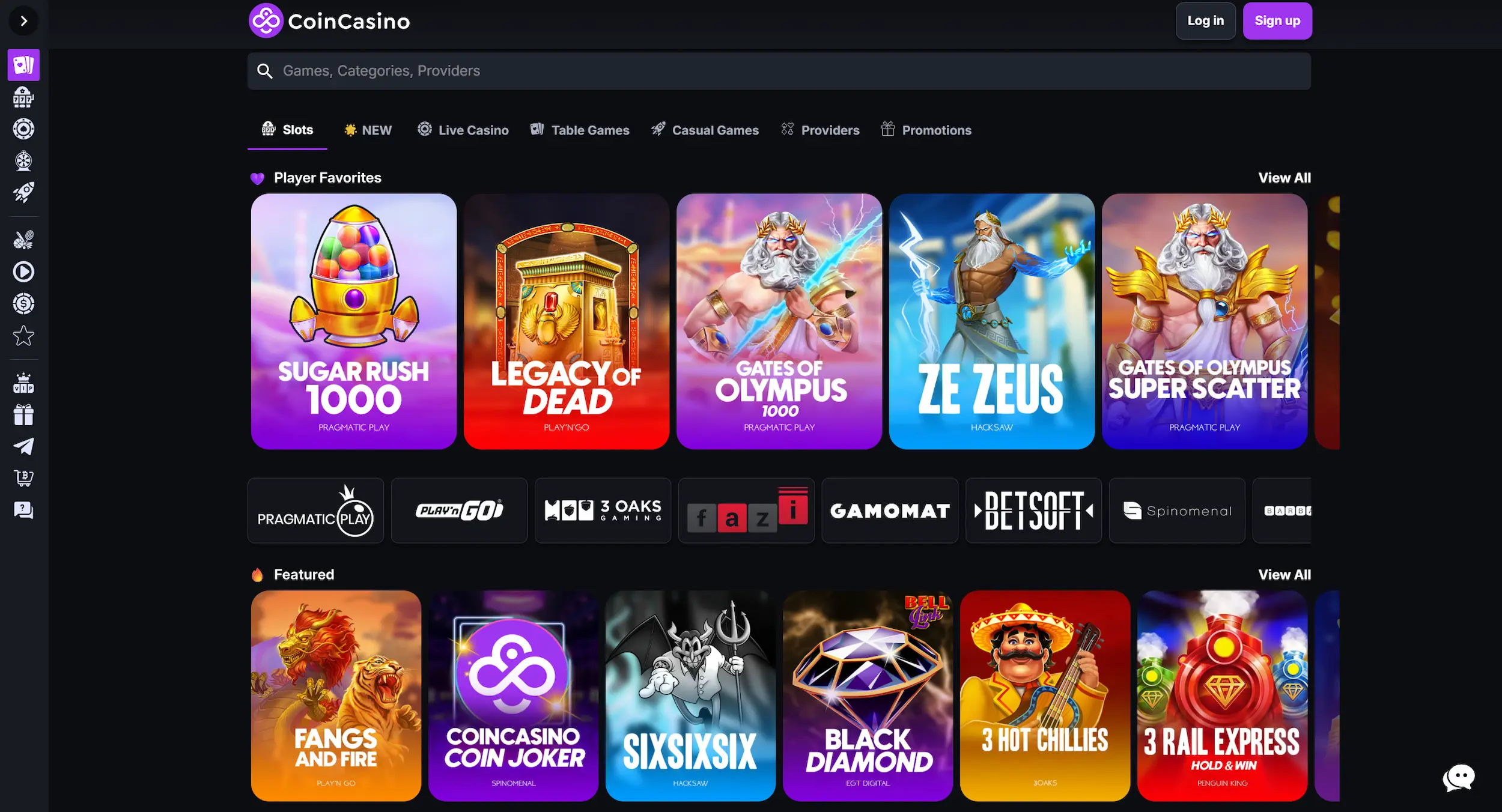 CoinCasino page featuring pokies, game providers and site main navigation