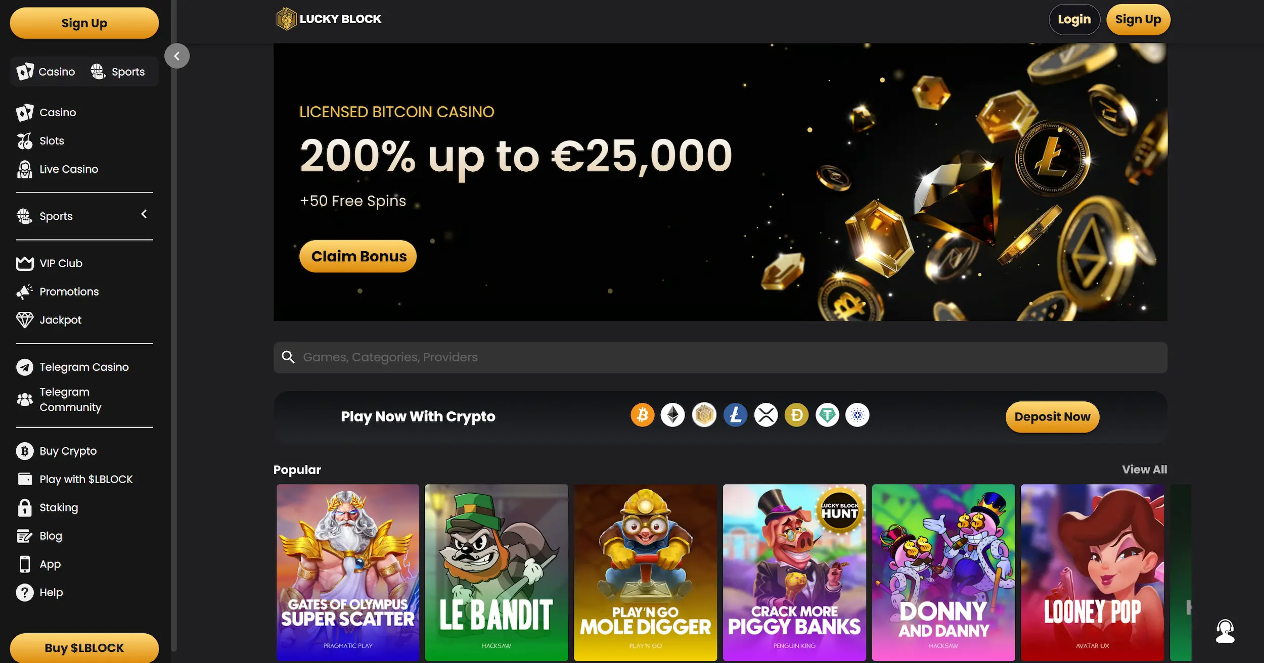 Lucky Block casino page showing welcome offer, selection of popular pokies and site main navigation