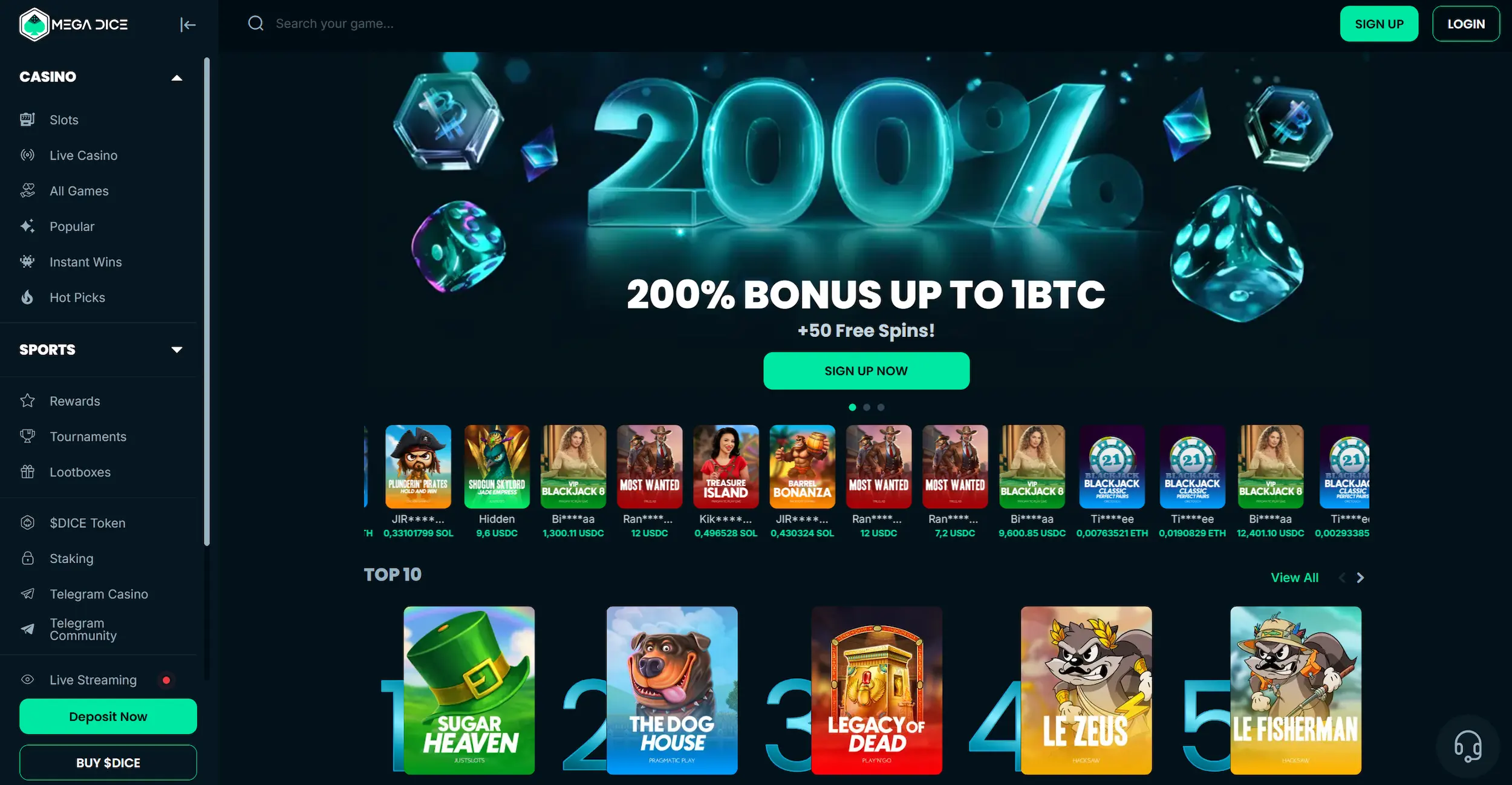 Mega Dice casino page showing welcome bonus offer, top pokies and site navigation 
