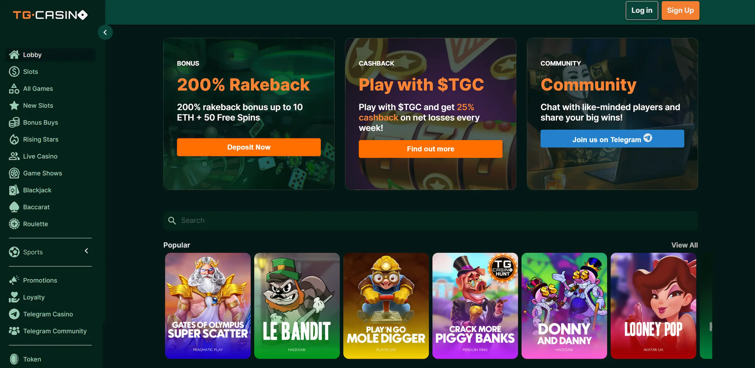 TG casino page showing bonus offers, popular pokies and site main navigation